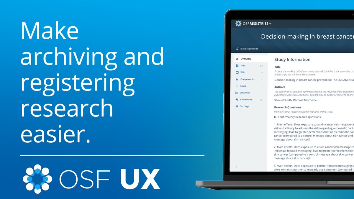 Conducting research is hard, the platform you use shouldn’t be. Help improve the registration process on OSF by completing a brief 10-minute study at any time that works for you. 

📄 Instructions: bit.ly/3GZZvRg
👉 Take the study: bit.ly/3wdQZc2