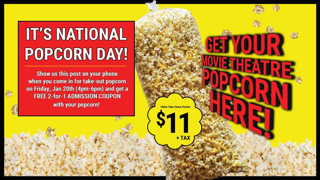 RoxySaskatoon's tweet photo. TODAY IS NATIONAL POPCORN DAY, EVERYONE!

While we're not open on Thursdays, we WILL be doing some special things during our 4-6pm Take-Out Popcorn window tomorrow (Friday, Jan 20th)!

We will have a promo on our standard $11 Take-Out bags, AND some candy/caramel corn available! https://t.co/2Iym6Lm1pJ