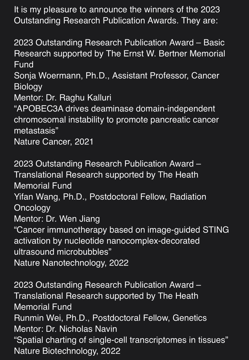 So excited to share that ⁦our very own #STATWunderkinds @YWangPhD⁩ was selected as one of the winners for the 2023 Odyssey Outstanding Research Awards. Amazing accomplishment and congrats to all other winners as well! ⁦@MDAndersonNews⁩ ⁦@ACKoongMDPhD⁩