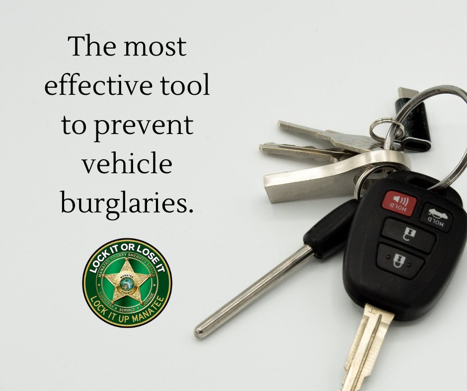 ManateeSheriff's tweet image. The most powerful tool to prevent our county's most common crime is literally at you fingertips! The majority of vehicle burglaries occur when cars are left unlocked. Please remove your valuables, keys &amp;amp; firearms each time you leave your vehicle and always remember to #LockIt.