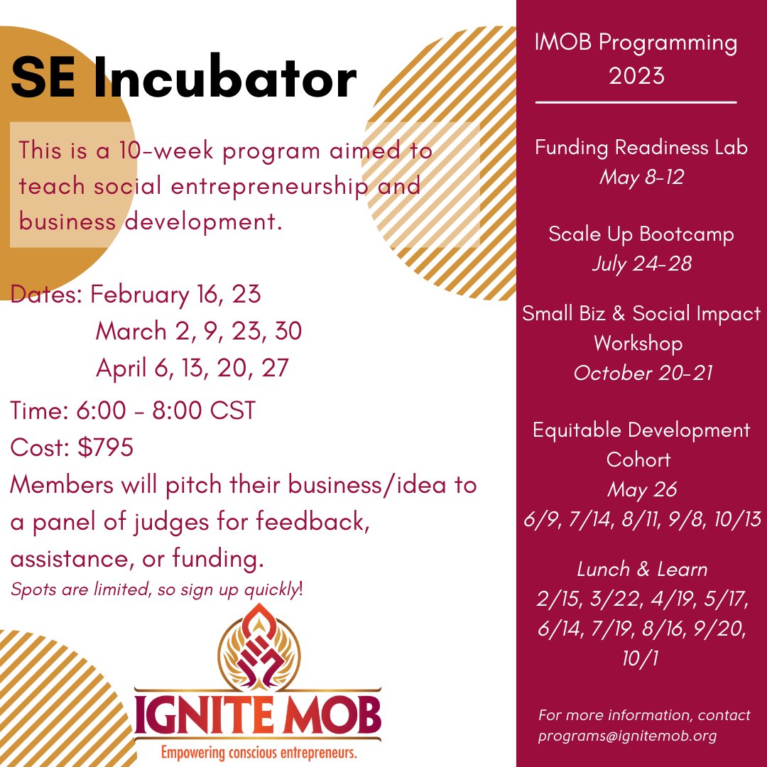 Are you wanting to get into the social entrepreneurship community, but don't know where to start? 

Join us for a 10-week Social Entrepreneurship Incubator starting in February. Spots are limited so sign up now.

bit.ly/3iTG2tq