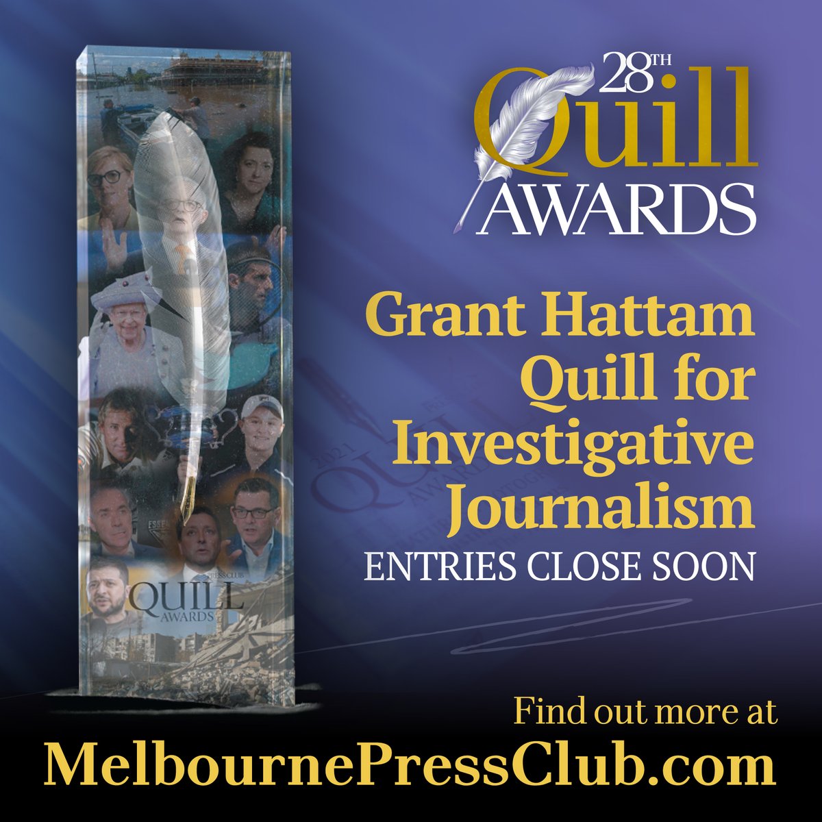 MelbPressClub's tweet photo. Entries for the 28th Quill Awards for Excellence in Victorian Journalism close 5pm 30 January.

The Grant Hattam Quill for Investigative Journalism returns this year, featuring a $3,000 prize from sponsor HWT. Open to all media.

Find out more and enter: https://t.co/p7ZL5Dyw86 https://t.co/H2oy4VNqKV