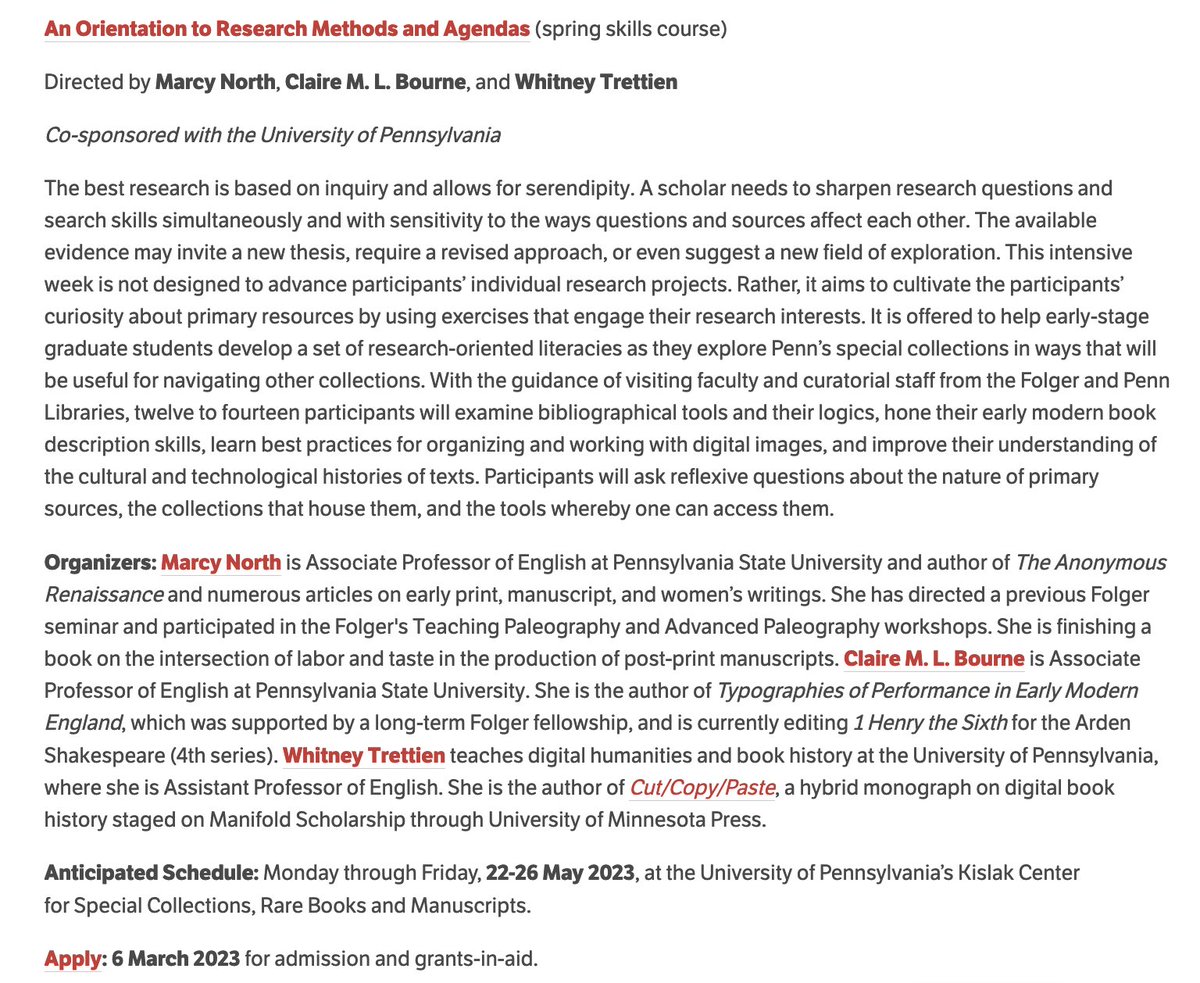 roaringgirle's tweet photo. please spread the word about @FolgerResearch's ORIENTATION TO RESEARCH METHODS &amp; AGENDAS course for early-stage graduate students 📖📜🪶💻

may 22-26 / @upennlib / APPLY BY MARCH 6

i'm co-teaching with the ever-excellent marcy north &amp; @whitneytrettien

➡️ https://t.co/CWu4HHYSxB https://t.co/bIaIVPOTjT
