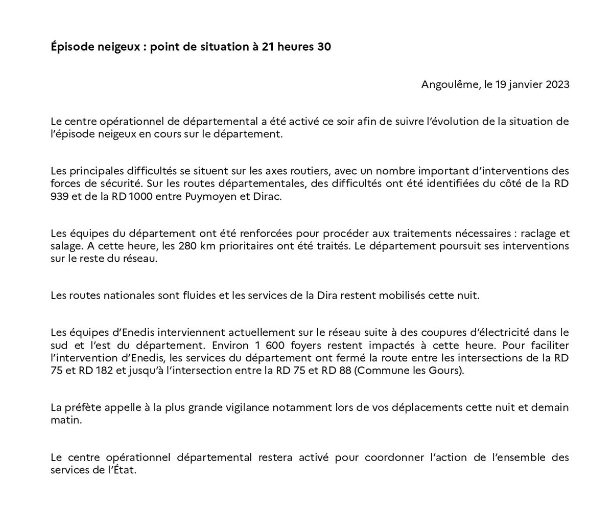 Prefet16's tweet photo. #Neige |🚨Point de situation à 21h30 suite à l'épisode neigeux du 19 janvier dans le département de la #Charente ⤵️
@SDIS16 - @charente - @villeangouleme - @GrandCognac - @grand_angouleme https://t.co/CXgmxe7l5U