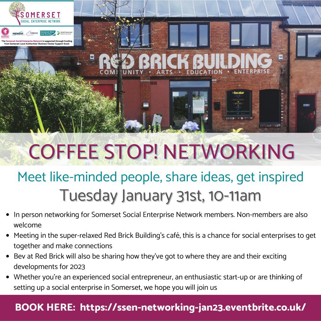 Hi @somersethour. Quick shout out for our networking event on January 31st at @redbrickglaston please. If you’ve got an interest in #socialenterprise in #somerset, you are welcome. You can book your free place here ➡️ eventbrite.co.uk/e/coffee-stop-… #somersethour