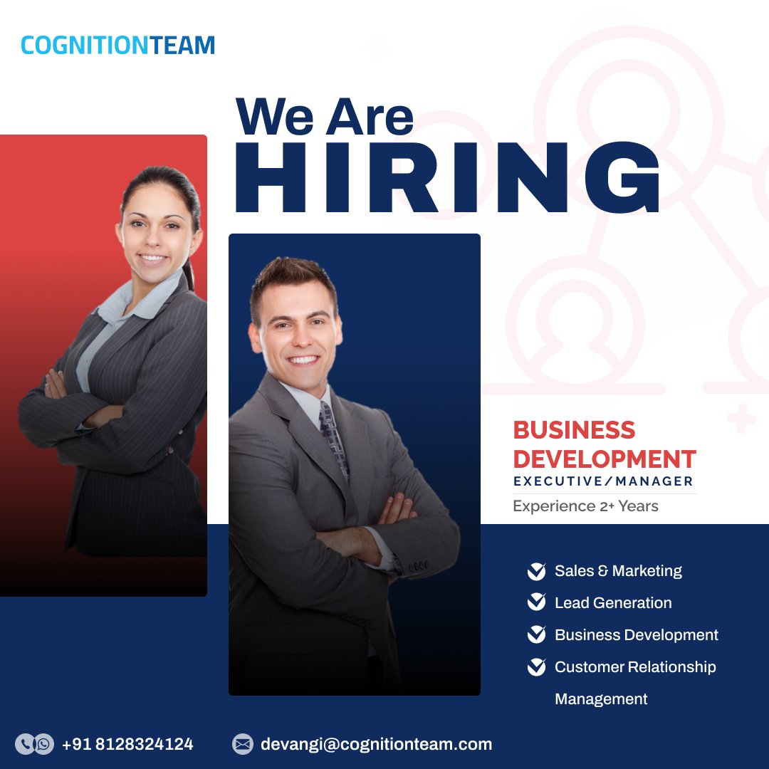 cognitionteam's tweet photo. Exciting opportunity for a business-savvy professional! We’re hiring a Business Development Executive &amp; Manager to drive sales growth and new business opportunities. Apply now and join our team! #BusinessDevelopment #Sales #CareerOpportunity https://t.co/qvmArgF4Ai