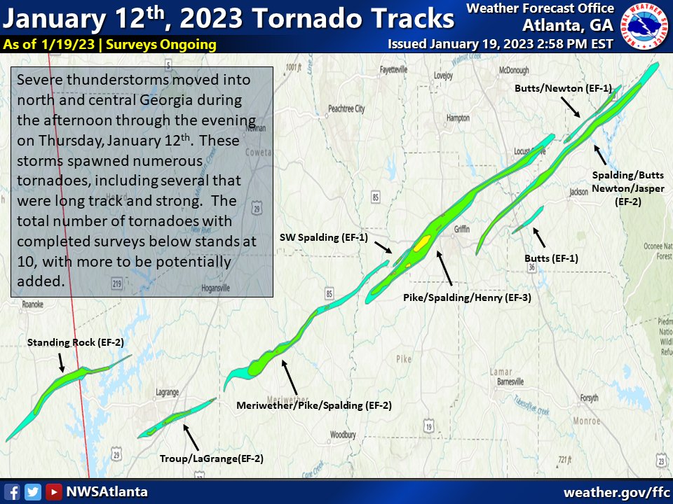 NWSAtlanta's tweet image. 🚨 Storm Survey Update 🚨

We have been hard at work, surveying damage over the past week for the January 12th event!  We are up to 10 tornadoes at this time, but survey work is still ongoing so more could be added. 🌪️ #gawx