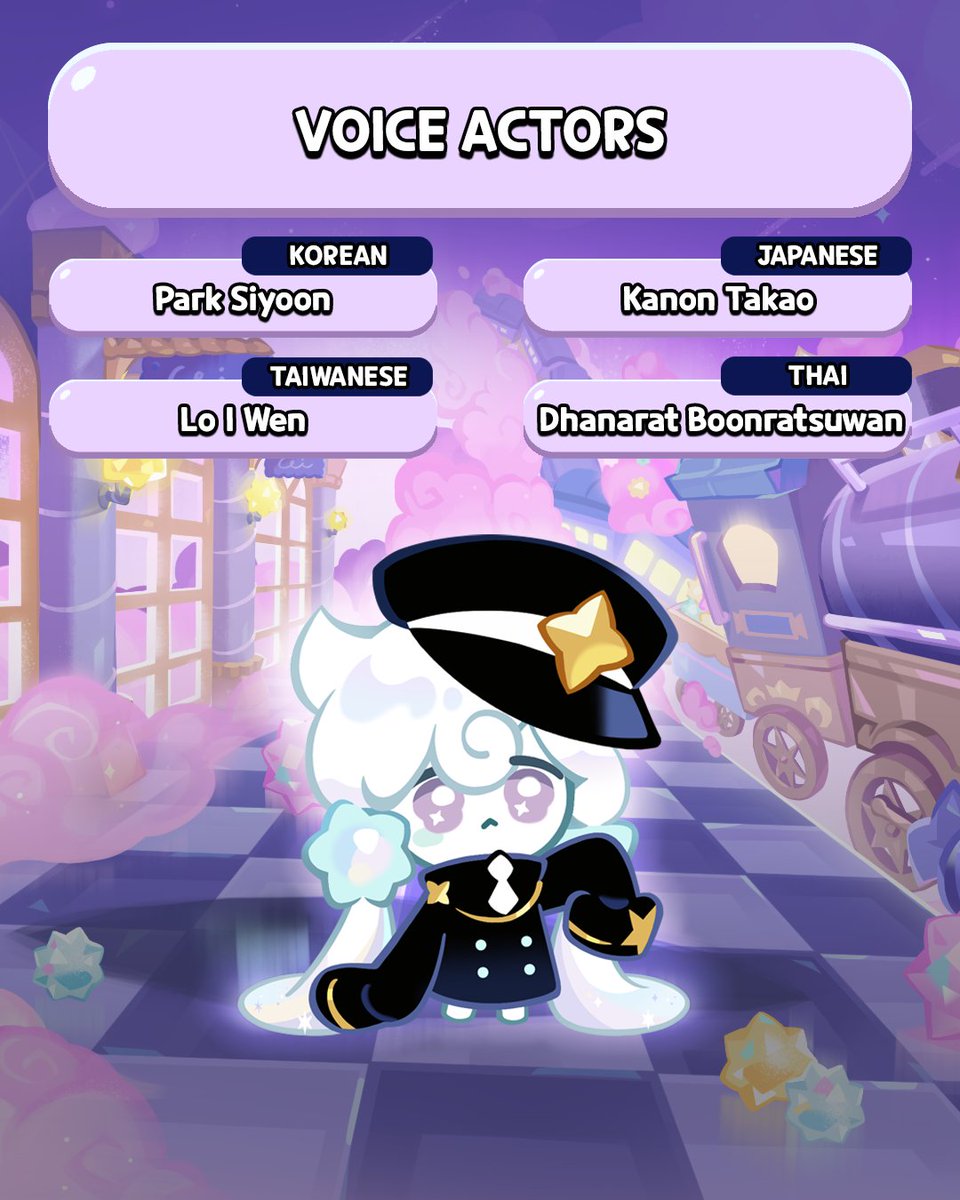 CRKingdomEN's tweet photo. All aboard! Watch your step! Introducing Della Saba as the voice of #MilkyWayCookie, the conductor of the Sugarcloud Express! Next stop: City of Wizards! (Choo choo!) 🚂⭐

#CookieRun #CookieRunKingdom #DellaSaba #VoiceActor #VoiceActing https://t.co/XDSJS1TtLx
