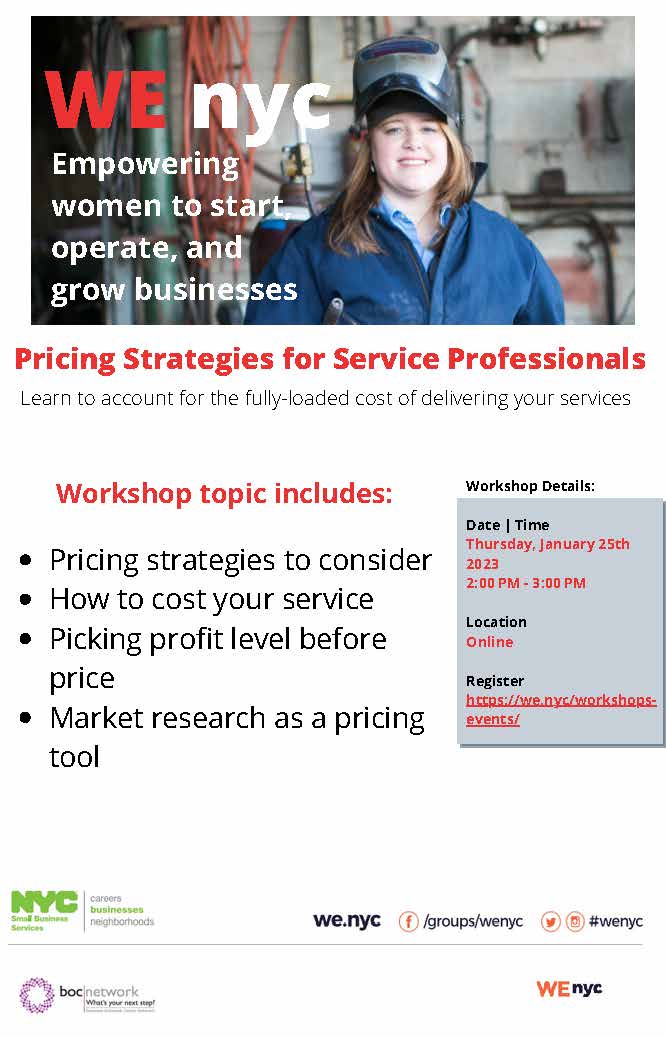 Determining how to price your services can be challenging to navigate. Attend our upcoming WE NYC workshop on 1/25 to learn  about pricing strategies to avoid under-pricing. #wenyc #bocnetwork

RSVP: eventbrite.com/e/we-master-mo…