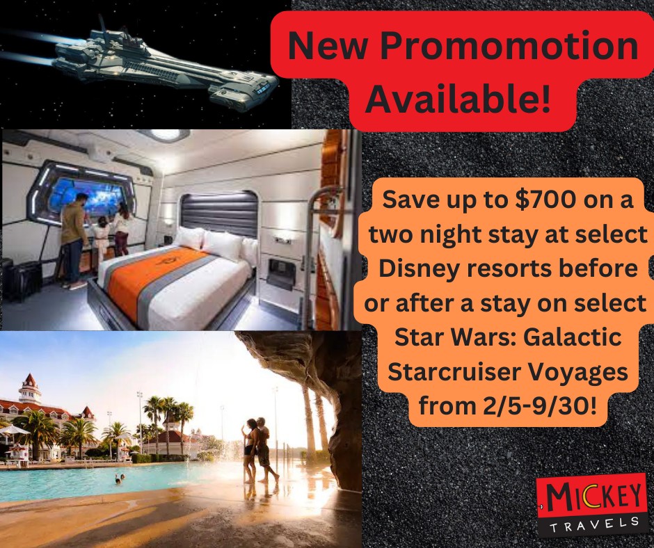 mickeywithmary's tweet photo. 🚨New Promo Alert!🚨

Extend your adventure and Save Up to $700 on a 2-Night Stay When Combined with Select Star Wars: Galactic Starcruiser Voyages Feb 5 - Oct 2, 2023!💫

💌 mhorn@mickeytravels.com 

#galacticstarcruiser #starwars #disneyresort #disneyparks #disneyworld https://t.co/COcyEyZf2c
