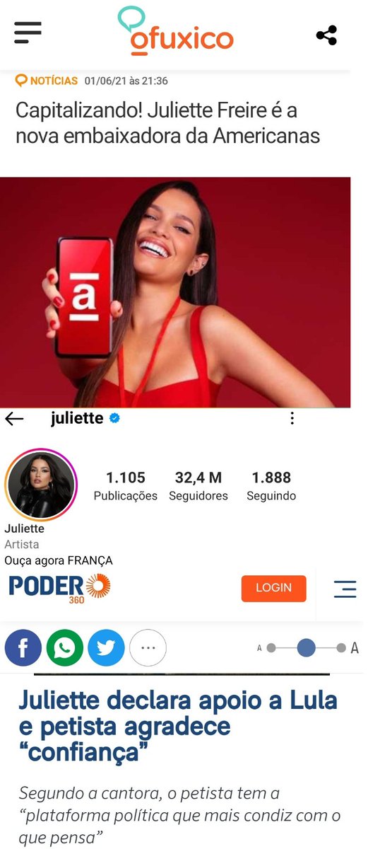 Nós últimos dias, pipocaram informações sobre as lojas Americanas e seu proprietário, Jorge Paulo Lemman. Reuni algumas informações adicionais no fio abaixo 👇👇👇
 Segue:

A Juliette tem mais de 32 milhões de seguidores e é embaixadora das Americanas e fez campanha para Lula