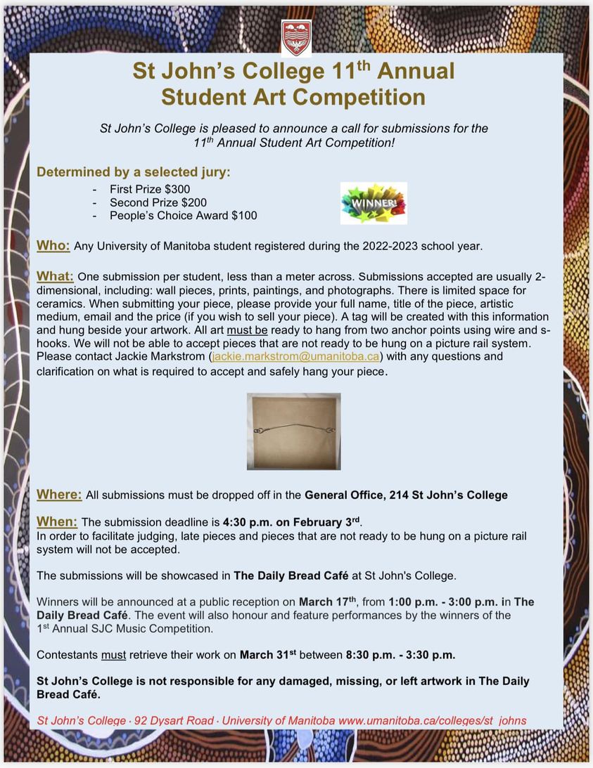 SJC is pleased to announce a call for submissions for the 11th Annual Student Art Competition!
🎨 The submission deadline is 4:30pm on Feb. 3
🎨 The submissions will be showcased in Daily Bread Cafe <a href="/sjcdbc/">SJC Daily Bread Cafe</a> &amp; winners will be announced on Mar. 17 from 1pm - 3pm @schoolofart_um