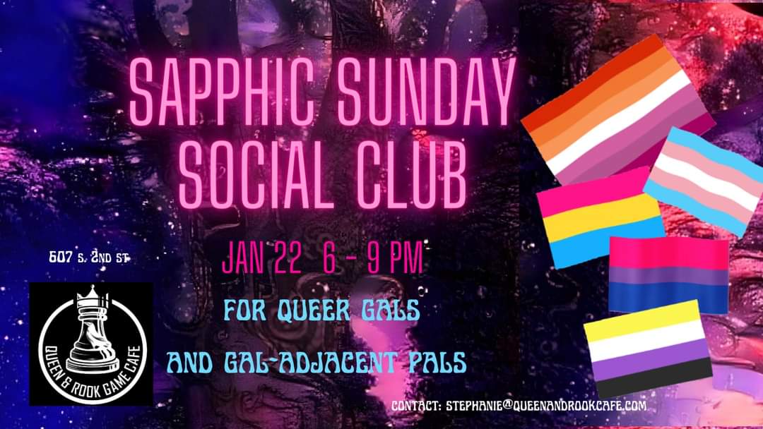 queenrookcafe's tweet photo. Come on out for fun and friends at the Sapphic Sunday Social Club! Meeting every other Sunday, hosted by Queen and Rook Game Cafe. Sunday 1/22 from 6-9PM. #queerphilly #BoardGames https://t.co/vXCETsTvsf