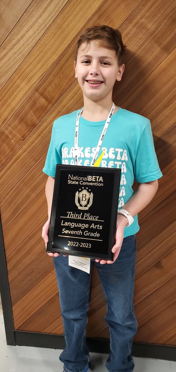 MrsHogue_SWMS's tweet photo. Congratulations to Miles Goodrich - 3rd place Language Arts (7th grade). Way to represent @DrakesCreekMS at State Beta Convention! https://t.co/H1tYoMqjHo