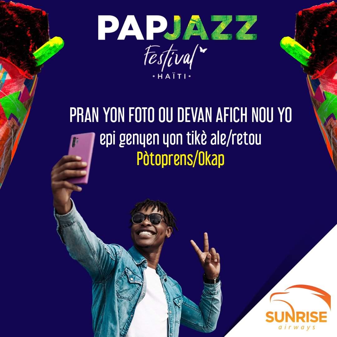 Comparetnetwork's tweet photo. Pran yon foto devan afich @SunriseAirways nan èpòt Guy Malary oubyen èpòt okap la  poste li sou IG ak Facebook ou tag @sunriseairways ou kapab pami moun ki ap benefisye tikè ale retou okap PAP pou patisipe nan @papjazzhaiti ane a🔥🔥🔥 #flysunrise #partner #comparet https://t.co/TqTvMnCzHp