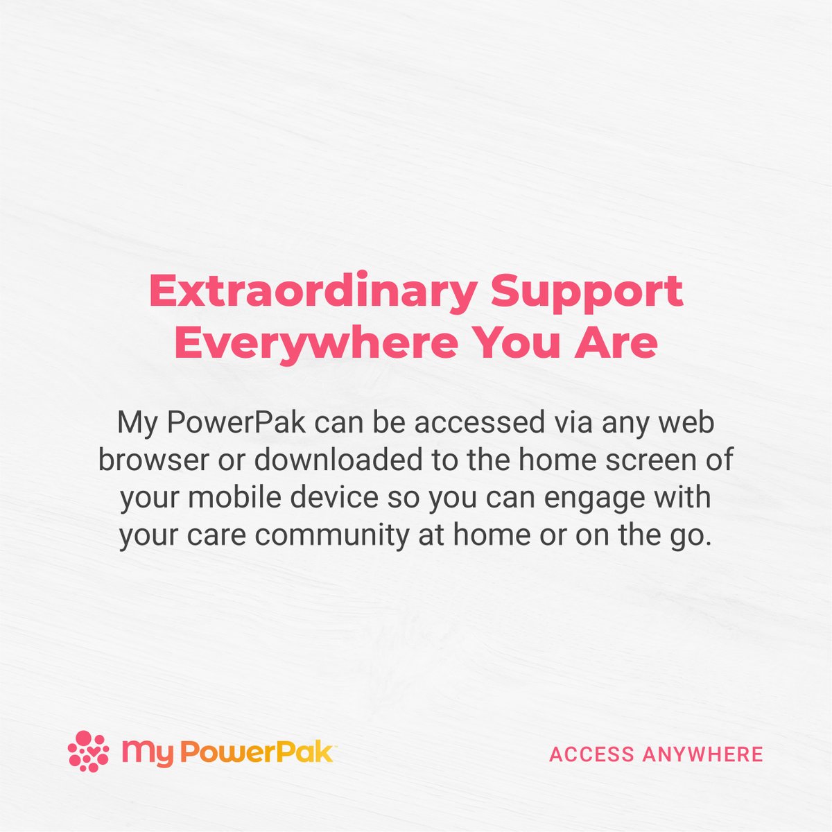 My PowerPak is a Progressive Web App (PWA), meaning you can give and receive extraordinary support from any desktop browser or apps on mobile devices. Visit mypowerpak.com/download for apps, or click 'Sign In' for web access.
#Caregiving #AccessAnywhere #AndroidandiOS #AppStore