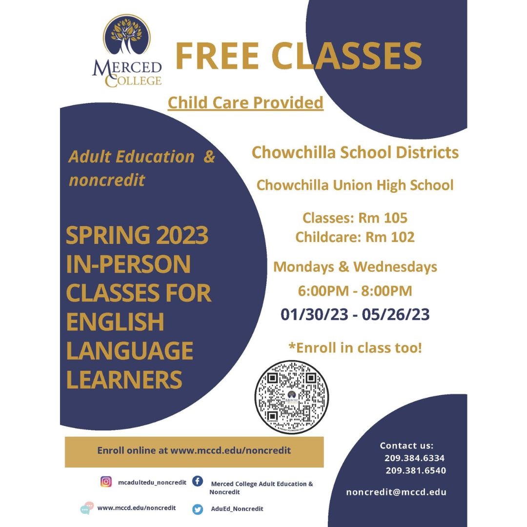 Introducing free in-person classes to learn English in Chowchilla. Child care provided!
Tendrémos clases para aprender Inglés gratuitas y en persona en Chowchilla. ¡Se ofrece cuidado de niños!