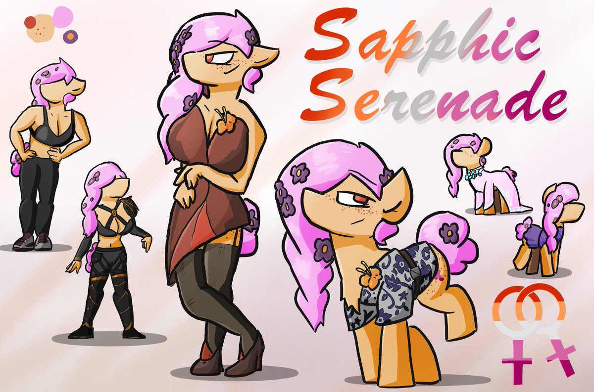 Venseyness's tweet photo. A commission for Dakelin! At one point I proposed a gag OC called Sapphic Serenade who was just, the most lesbian creature you ever did see, and Dakelin decided to make her a reality. I guess that makes this a psudeo-adopt? All I know is that she was a lot of fun to draw! https://t.co/uWsHkUO6R8