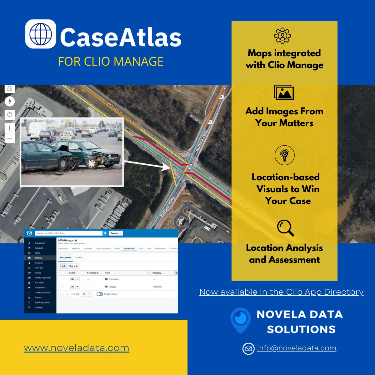 Maps enhance legal cases by helping an audience quickly visualize concepts that tell a story.  CaseAtlas - integrated with #Clio Manage with Google StreetView, Historic Weather Conditions, traffic, measuring and drawing, and more.
#legalinnovation #legaltech