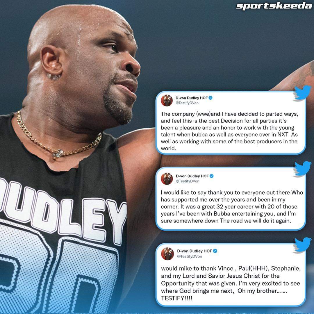 🚨BREAKING 🚨
D-Von Dudley has officially parted ways with #WWE.
<a href="/AEW/">All Elite Wrestling</a> 
<a href="/BustedOpenRadio/">SiriusXM Busted Open</a> 
<a href="/ringofhonor/">ROH - Ring of Honor Wrestling</a> <a href="/IMPACTWRESTLING/">TNA Wrestling</a> 
<a href="/WWE/">WWE</a>