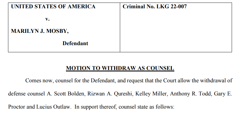 justin_fenton's tweet photo. Breaking: Marilyn Mosby's entire defense team - six attorneys - asks to withdraw from the case and for a public defender to take over https://t.co/J3MU8Z8iRR