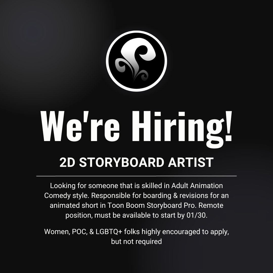 We're hiring a 2D Storyboard Artist ASAP!

- Experience with Adult Comedy
- Responsible for boarding &amp; revisions for animated short 
- Familiarity with TB Storyboard Pro
- Remote position
- Must be available by 01/30

Please apply using this form: buff.ly/3v9ojjU