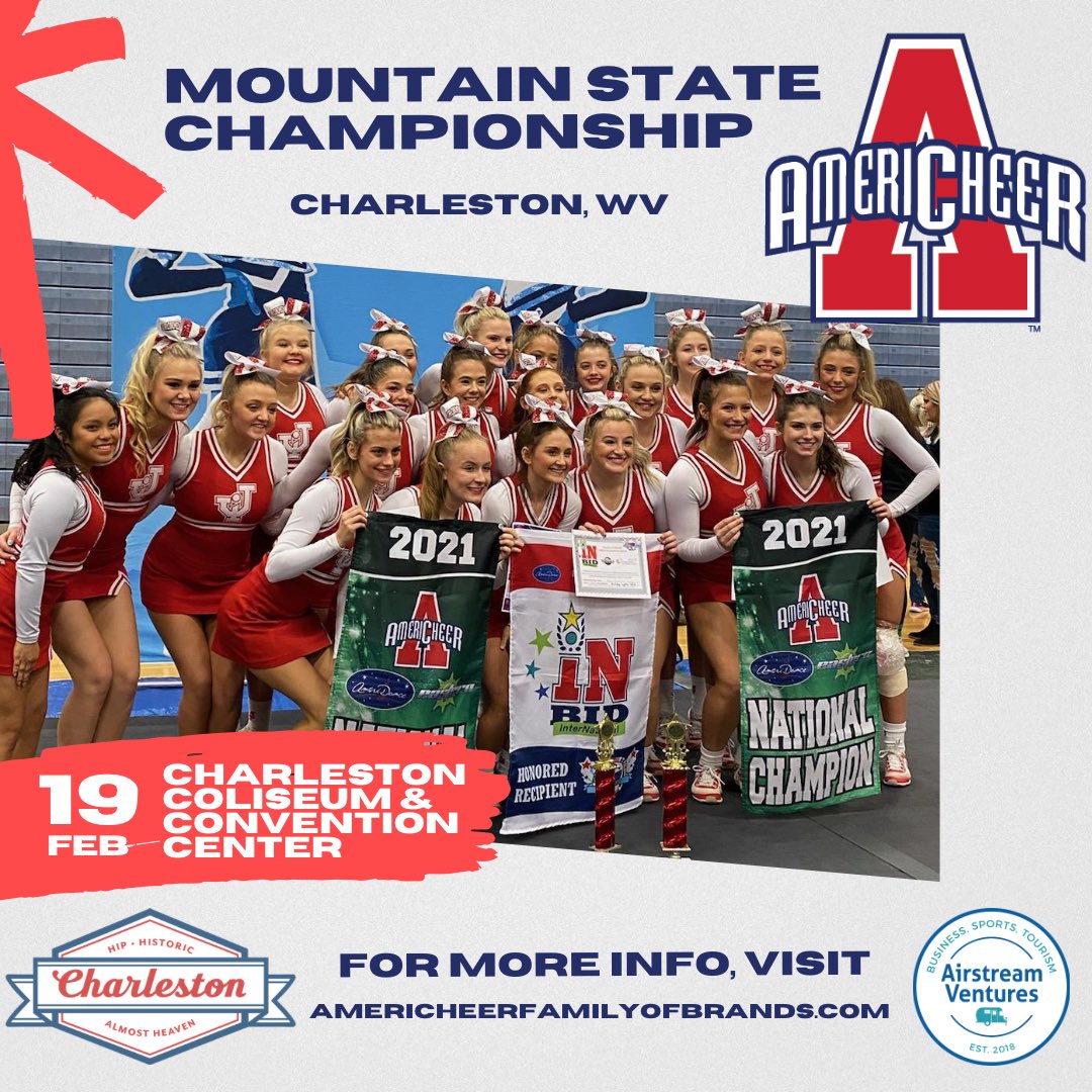 AirstreamV's tweet photo. We love bringing events to our partner cities📢
One month out from the @AmeriCheer87 Mountain State Championship in @CharlestonWV!
#sports #sportstourism #tourism #americheer #championships #charlestonwv #followthestream #partnerships https://t.co/PmqZDFKiQd