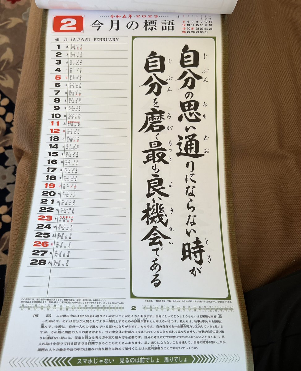 実家に帰省した時に飾ってあったカレンダーに、しれっと深い言葉が書いてあり思わず写真撮ってしまった。

『自分の思い通りにならない時が、自分を磨く最も良い機会である。』

このカレンダー地味に熱い言葉が多くて、修造カレンダーよりも熱いんじゃないかと思うくらい。