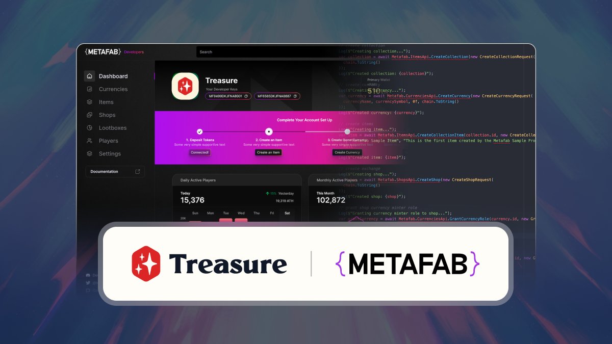We've teamed up with @tryMetaFab to unlock frictionless player and builder experiences across all of Treasure!

As our newest strategic partner providing blockchain game dev infra, MetaFab will be leveraged for several first-party Treasure products.

Why does this matter? 👇