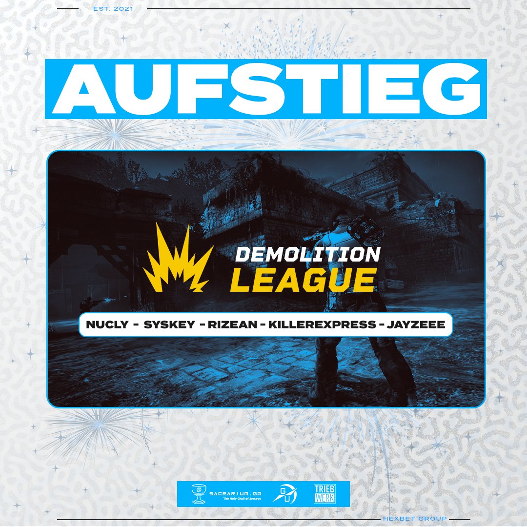 Evolupegg's tweet image. [CS:GO - Main]

Hier nochmal offiziell unser Main Team konnte diese Woche den Aufstieg in die Spielklasse 1 der @Demo_League 

Line-Up:
@NucLycs 
@Syskeycsgo 
@RizeaN_CS 
@KillerExpress 
@JayzeeeCSGO 
-
@gamersunite_de I #triebwerk I @SacrariumGG 
-
#GOHEXBET #HGWIN