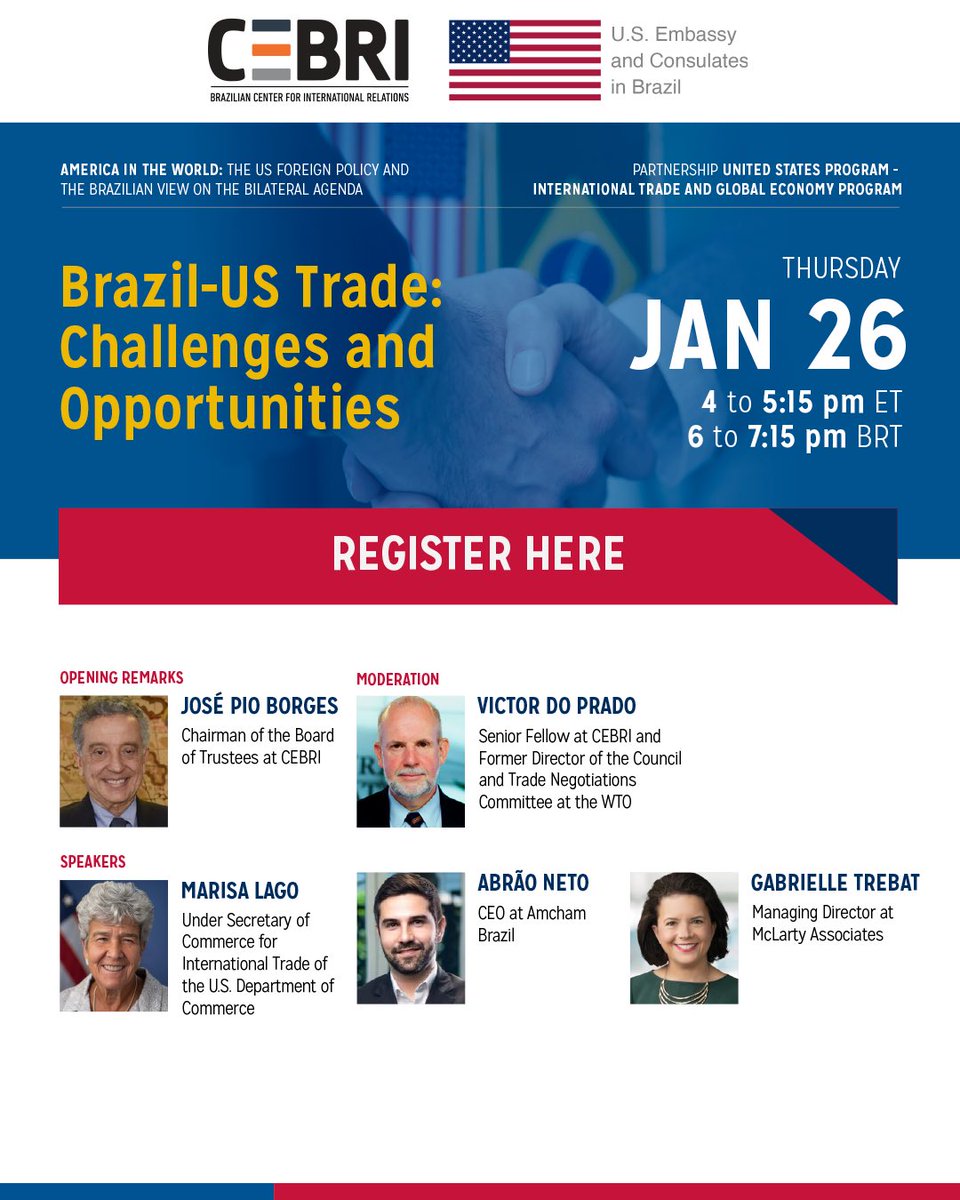 🇧🇷🇺🇸 “Comércio Brasil-EUA: desafios e oportunidades” é o tema do evento que será promovido na próxima quinta-feira (26), às 18h, pelos Núcleos Estados Unidos e Comércio Internacional e Economia Global do CEBRI, em parceria com o Consulado Geral dos EUA no Rio de Janeiro.