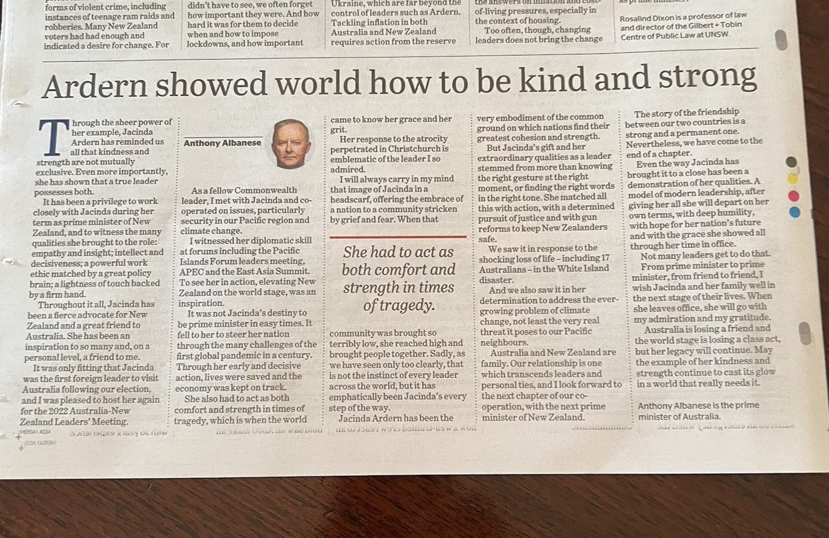 Jacinda Ardern’s extraordinary qualities as a leader stemmed from more than knowing the right gesture at the right moment, or finding the right words in the right tone. She matched all this with action. My article in today’s <a href="/smh/">The Sydney Morning Herald</a>