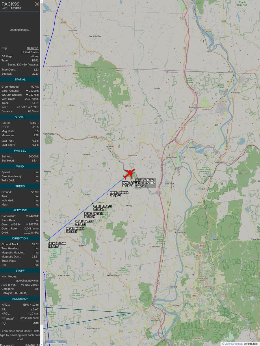 PlaneBoston's tweet image. #PlaneAlert ICAO: #AE5F9E Tail: #1846051 Flt: #PACK99 
Owner: #UnitedStatesAirForce
Aircraft: #Boeing KC-46A Pegasus
2023/01/19 16:34:47
#B762 #Air2Air #Shiny #ToFlyFightAndWin en.wikipedia.org/wiki/Boeing_KC… 
globe.adsbexchange.com/?icao=AE5F9E&amp;amp;s…