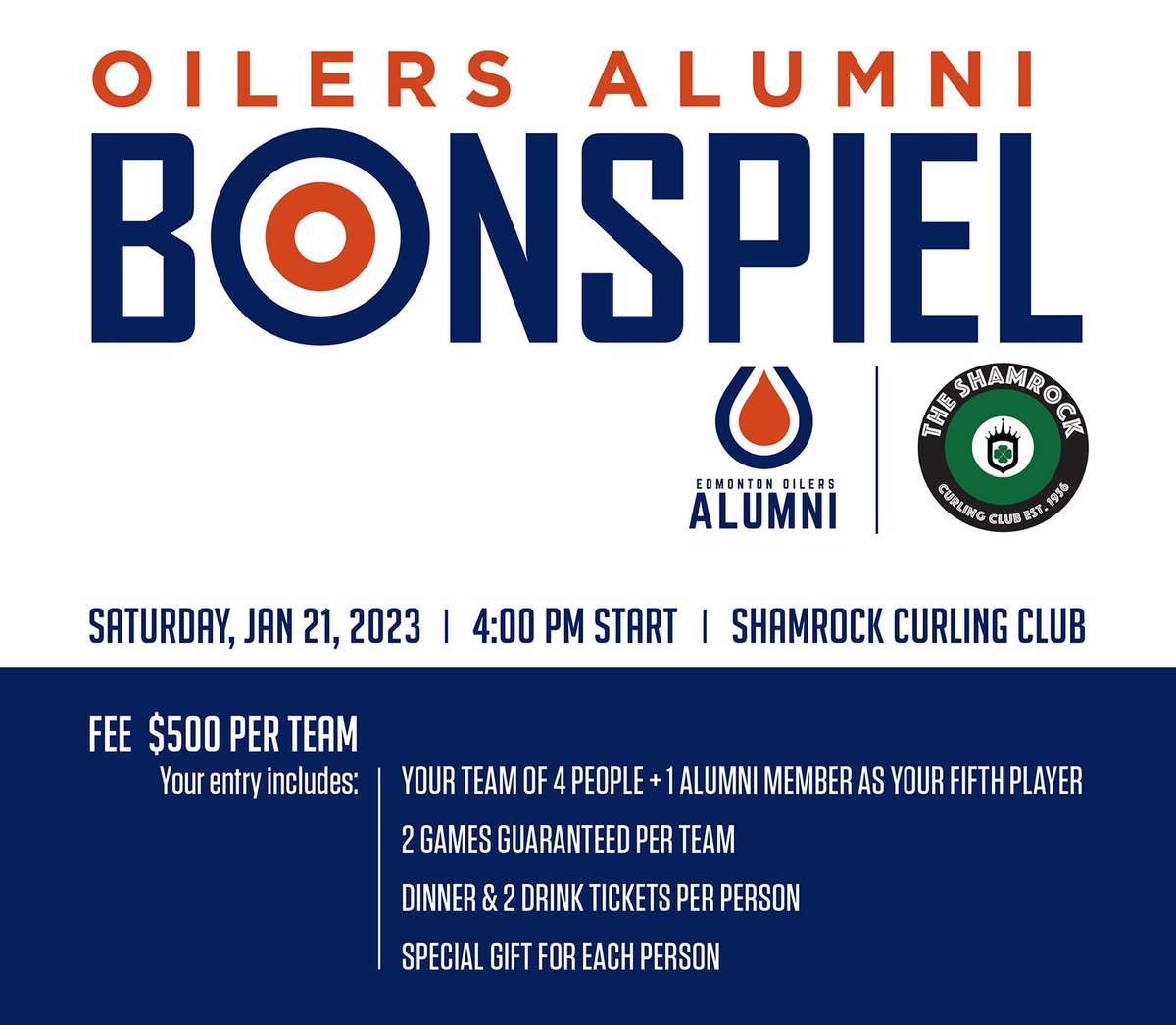 How'd you like to curl with #Oilers alumni members this weekend? The team is hosting its first-ever alumni bonspiel Saturday at <a href="/ShamrockCurling/">ShamrockCurlingClub</a> &amp; there are a few team openings still available! 🥌

Visit EdmontonOilers.com/Bonspiel to sign your crew up for the rockin' festivities.