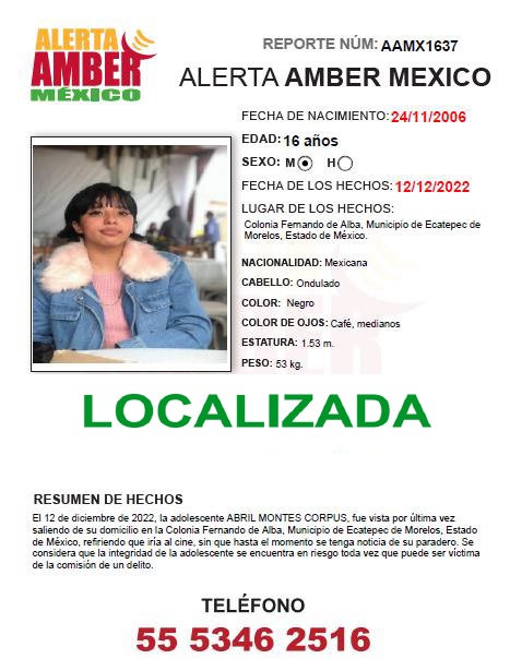 AAMBER_mx's tweet photo. La #AlertaAMBER para ABRIL MONTES CORPUS  de 16 años, se desactiva debido a su localización. ¡Gracias por tu apoyo! https://t.co/rBnwiXmFMm