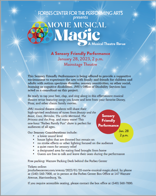 Our friends at Forbes Center for the Performing Arts is putting on a sensory friendly performance! Buy your tickets now! 
Buy tickets via jmuforbescenter.com/events/2023/01…, by phone at (540) 568-7000, or in person at the Forbes Center Box Office at 147 Warsaw Avenue, Harrisonburg, VA.