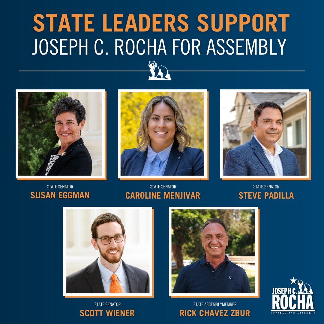 Joseph_C_Rocha's tweet photo. I am deeply grateful for these early endorsements from these legislative leaders. Their early confidence and support means so much to me, kicking us off on strong ground to defend this seat. #TeamRocha 🦅 https://t.co/W85ydhPyzo