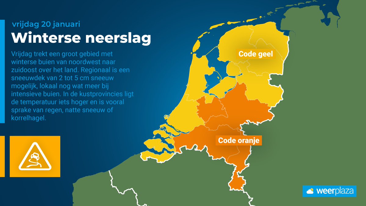 Morgen trekken winterse buien over het land en dit levert in provincies Utrecht, Gelderland, Noord-Brabant en Limburg een code oranje op. Volg het via: weerplaza.nl/nederland/ #codeoranje