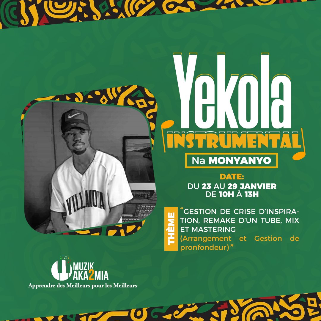 mr_monyanyo's tweet photo. Je serai également parmi les formateurs pour partager mes connaissances en création de musique à la session de formation de #MuzikAka2mia
#monyanyo #moninc #monincgroup #beatmaker #beatmaking #beat #ArtistOnTwitter #artis #producer #formation #logiciel #digitalart #muzikaka2mia https://t.co/QyuZrmluF1