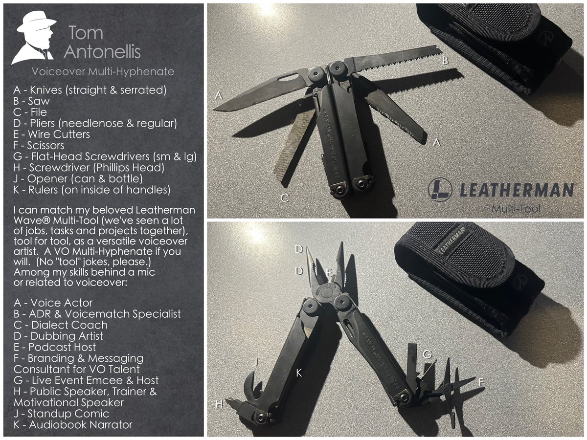 tom_antonellis's tweet photo. No "tool" jokes, please. Check the details in the pic to see how I can match my @Leatherman Wave® tool-for-tool as a multi-hyphenate #voiceoverartist 🙂 @tom_antonellis #voiceactor #ADR & #voicematch specialist #dialectcoach #dubbingartist #podcast host of @bttbasementpod & more https://t.co/VE2aAgVZ83