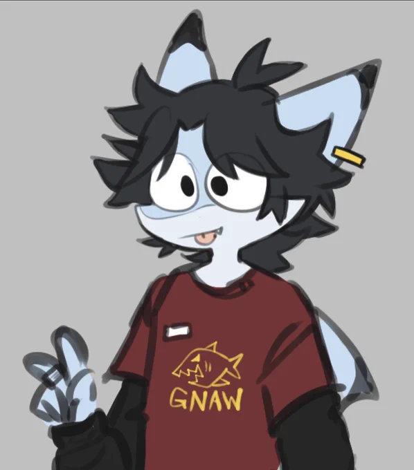 havent drawn shark in a while, gave him a bit of an update!ive grown a lot since i last redesigned him, im happy to give him a bit of a different look now that better reflects how i dress and present myself (parted hair, earrings, art style i prefer) 