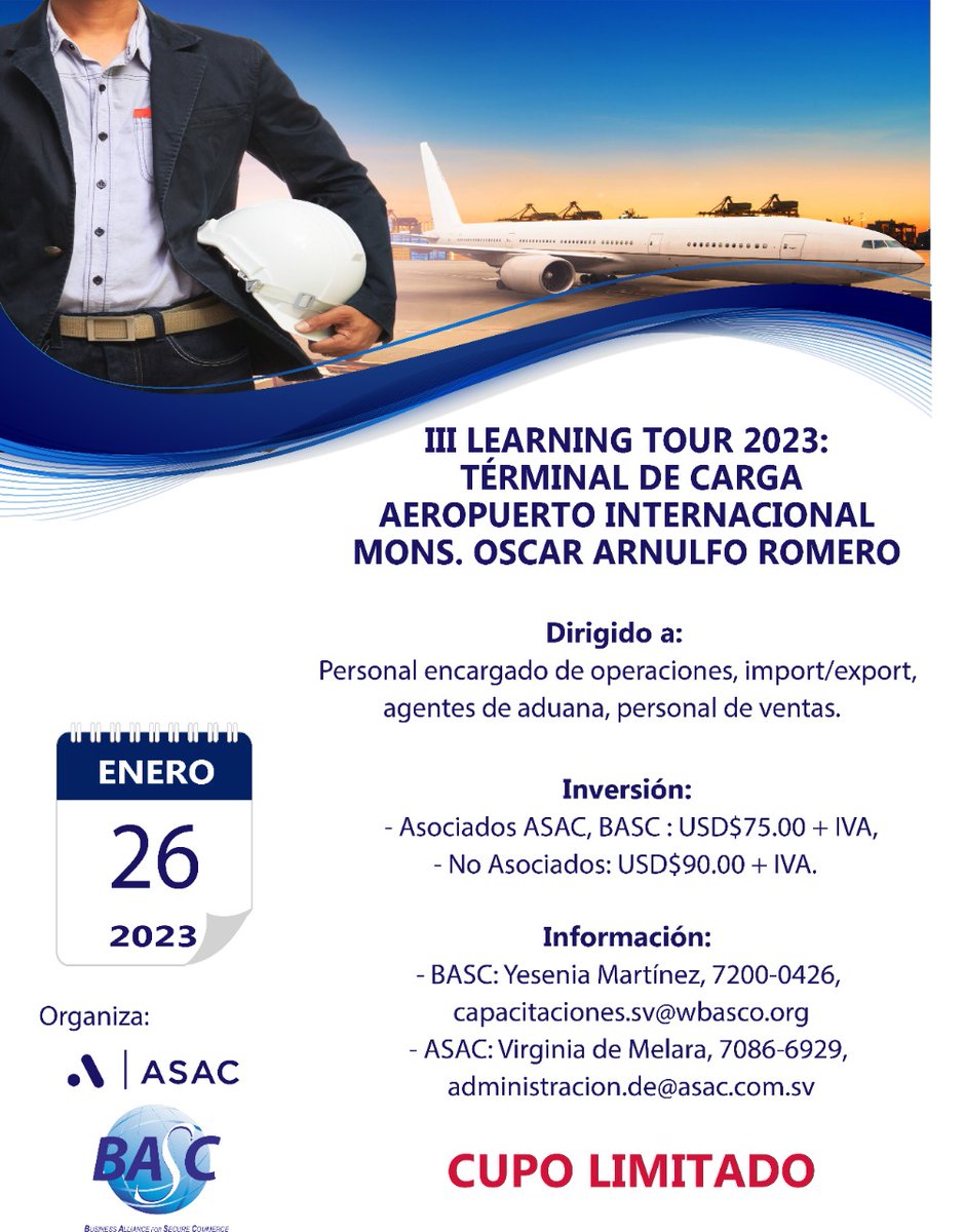 BASCElSalvador's tweet photo. #LearningTour Terminal de Carga Aeropuerto Internacional Monseñor Oscar Arnulfo Romero ✈️
✅ Conoce las instalaciones de la única terminal de carga aeroportuaria nacional, sus procedimientos generales, especiales y prácticas de seguridad que realizan para el manejo de mercancía https://t.co/V47QABVaTZ