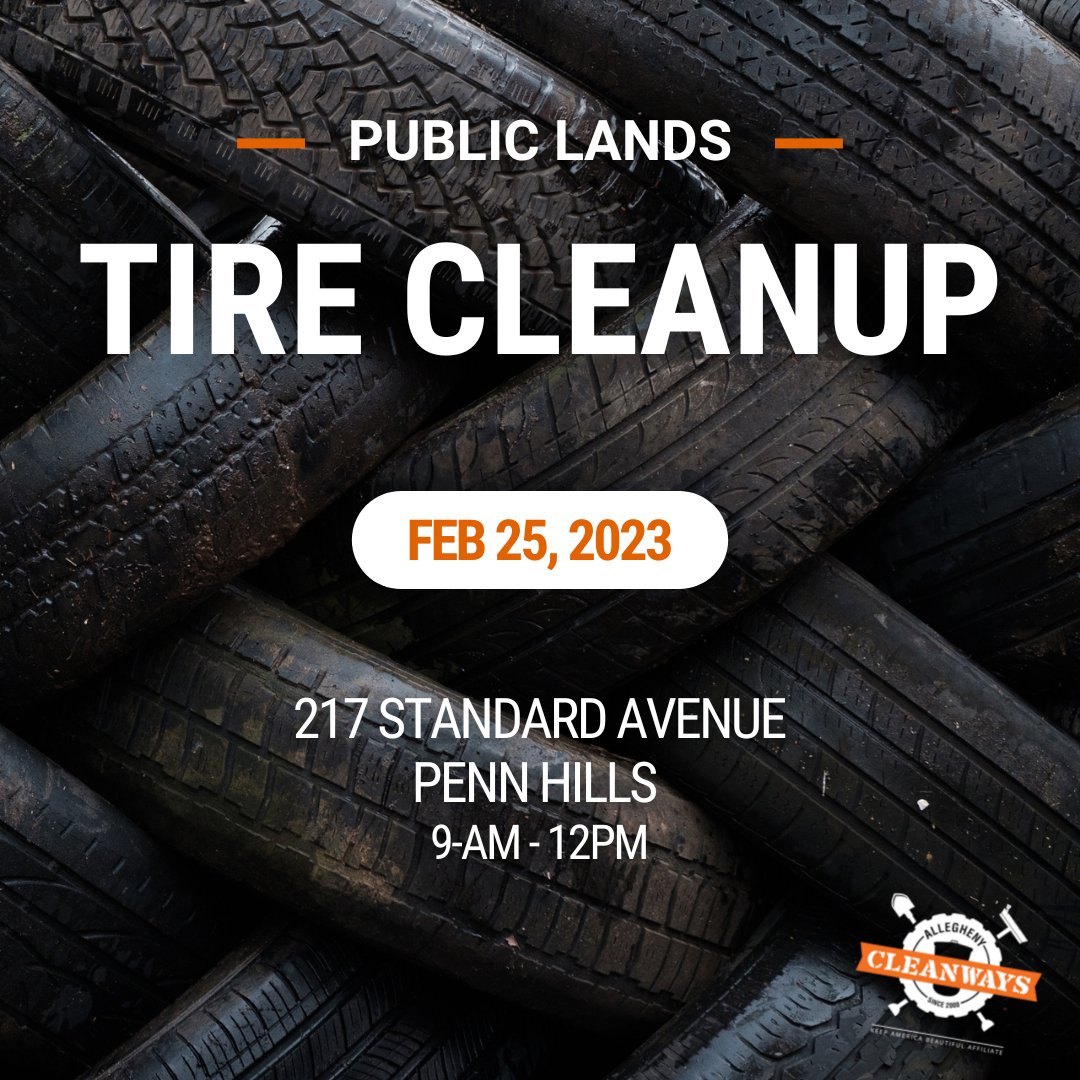 AlleghenyCW's tweet photo. Save the date! Next month we will be partnering with @publiclandsshop to remove thousands of tires from a site in Penn Hills. You can now sign up for this big group cleanup>>> https://t.co/yEgXUxD7DC #AlleghenyCleanWays #PublicLands #PennHills #Tires #Pollution #AlleghenyCounty https://t.co/HSmzZHyLMG