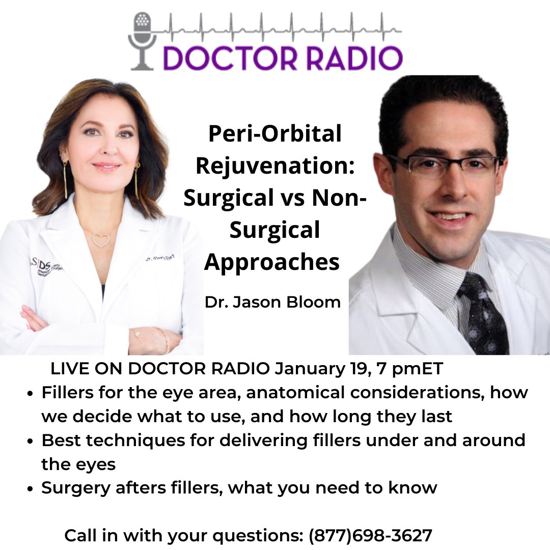 Live on @NYUDocs tonight at 7pm ET! 
We’ll discuss surgical and non surgical treatments for the delicate eye area
#doctorradio #SiriusXM #drdorisday