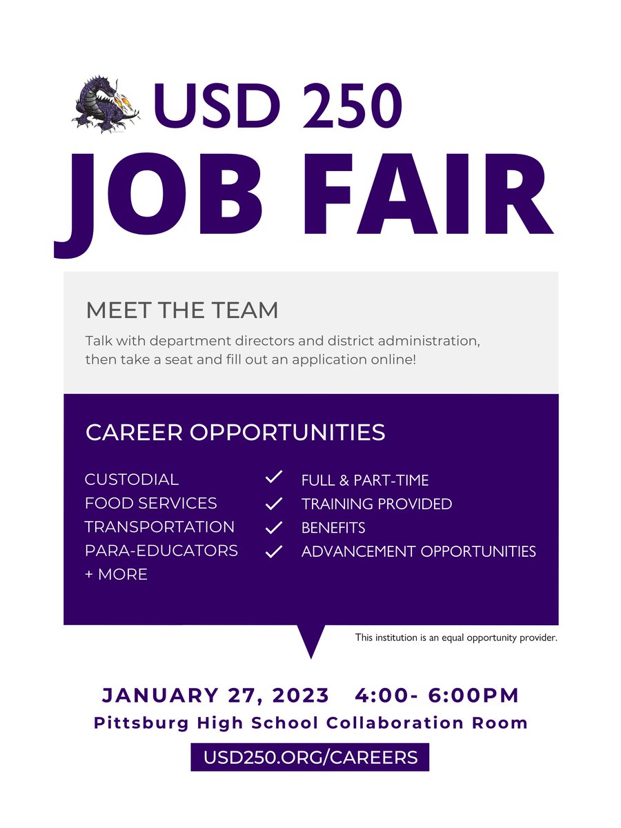 PittsburgUSD250's tweet photo. Stop by next week and learn more about classified jobs at USD 250! 🚌 💜 https://t.co/YHYpCkLSE2