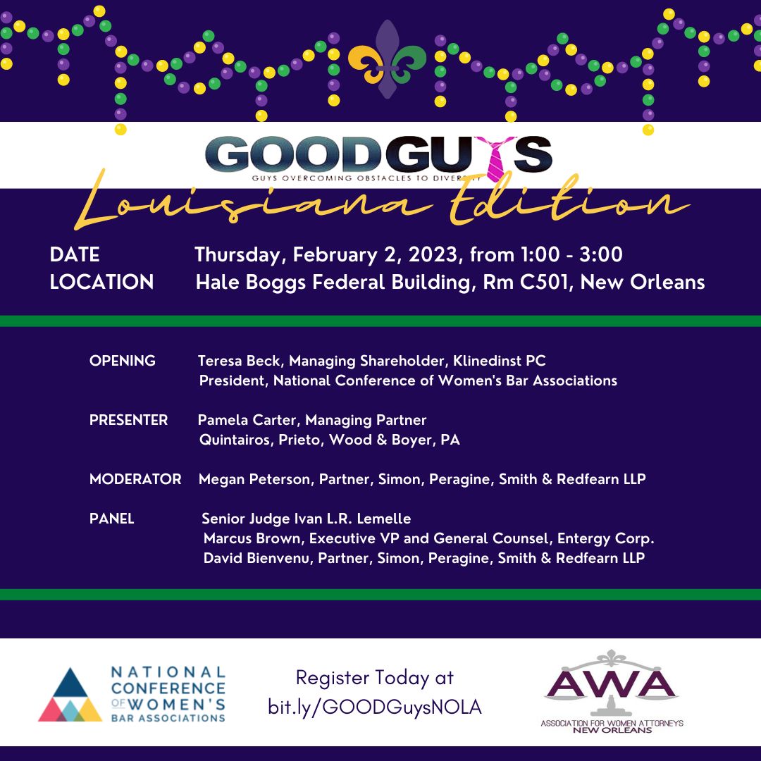 SPSR_Law's tweet photo. Join us for the GOOD Guys program where Judge Lemelle, Marcus Brown of @Entergy, and our partner David Bienvenu will speak on a panel on Feb 2 about the importance of diversity equity & inclusion in the law. Register here: https://t.co/WY4XEUcoYo
#GOODGuys #DEI #NCWBA https://t.co/JTwXWnFdG7