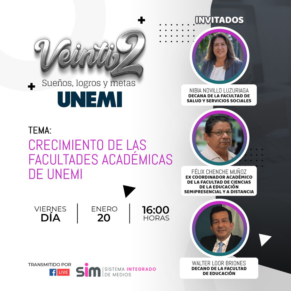 UnemiSim's tweet photo. 📌 VIERNES 📌
⏩ Te presentamos los invitados de la tercera entrega de #Veinti2 ✨
✅ Conéctate a las 16H00 a la transmisión en vivo de Facebook ➡ Sistema Integrado de Medios UNEMI 🤩
#UNEMIPlay #SIM #SistemaIntegradoDeMedios #ByUNEMI https://t.co/xoT9fx9yXz