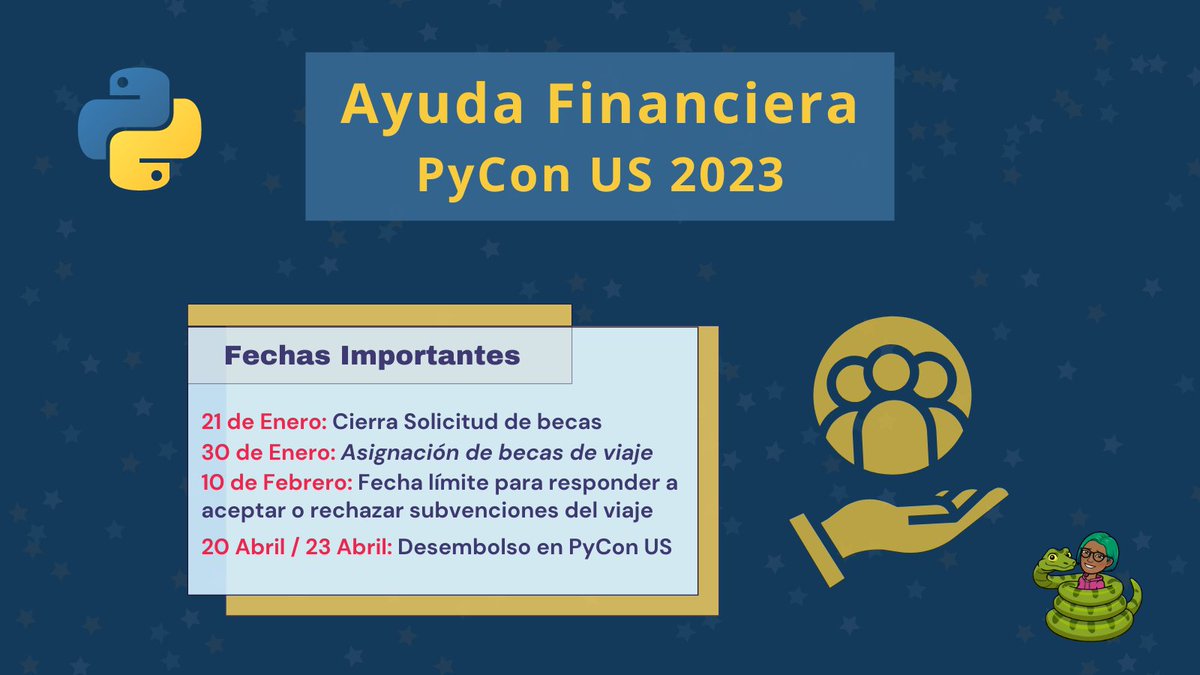 dennyperez18's tweet image. 📢¿Te interesa asistir a @pycon pero no conoces los costos de viaje?
¡Considera aplicar para un soporte financiero para #PyConUS23!🙌

No pierdas la oportunidad de asistir al evento mundial de #Python.🐍

Aplica aquí 👉bit.ly/3iPXajz 

🛑Solicitudes hasta el 21 de enero.