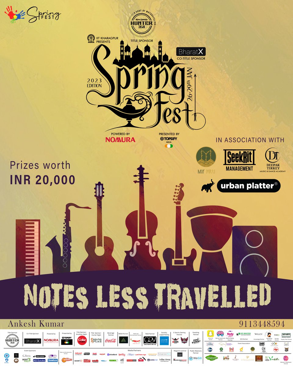 springfest_kgp's tweet photo. Spring Fest, IIT Kharagpur presents Notes Less Travelled- a solo instrument playing performance.
Register at - https://t.co/NCNXj7c5sm
#tellatale #litrature #springfest2023 #IITKGP #SF23 #iitkharagpur #events #SpringFest https://t.co/juxfty13nf