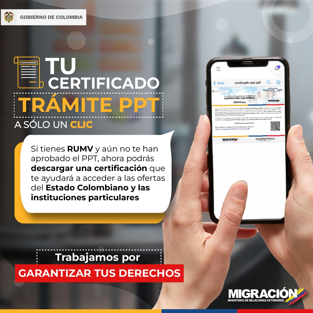 MigracionCol's tweet photo. #AUnSoloClick |
Una nueva opción mientras te entregamos tu permiso por protección temporal #PPT. 
Esta información es para ti
#TrabajamosParaGarantizarTusDerechos https://t.co/u3hBimPugC